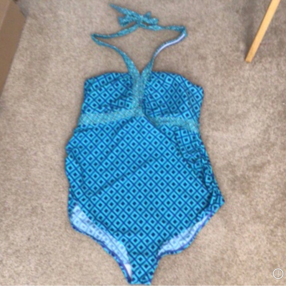 Bump maternity swimsuit women xl blue halter stretch swim modest
